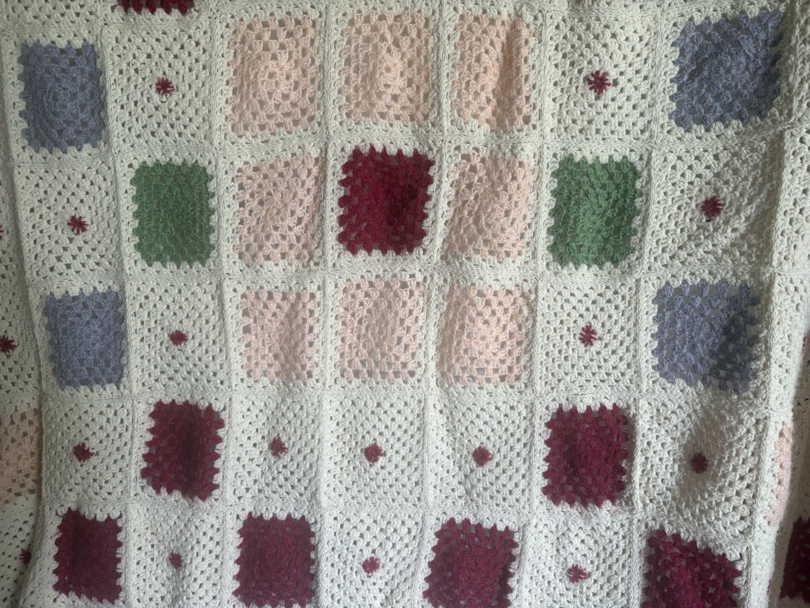 Vtg Handmade Crochet Granny Square Throw Blanket Afghan Spring Flower Colors Lg