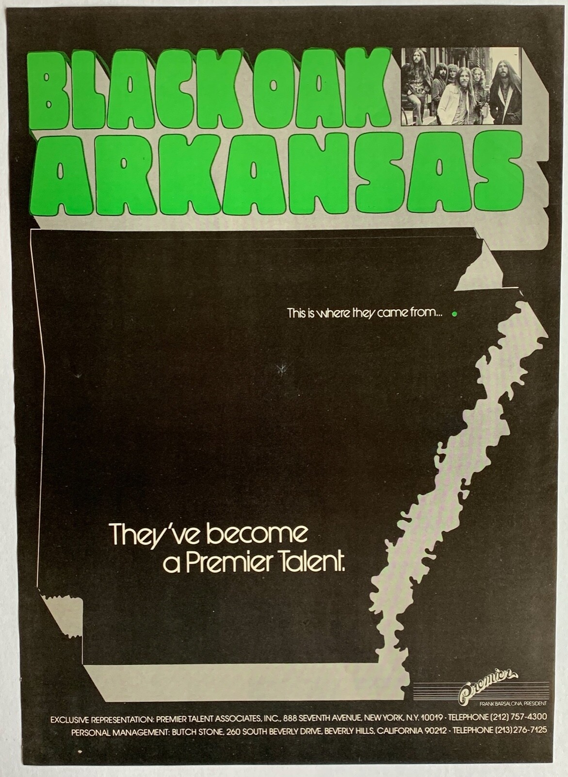 BLACK OAK ARKANSAS 1972 vintage POSTER ADVERT Jim Dandy PREMIER TALENT