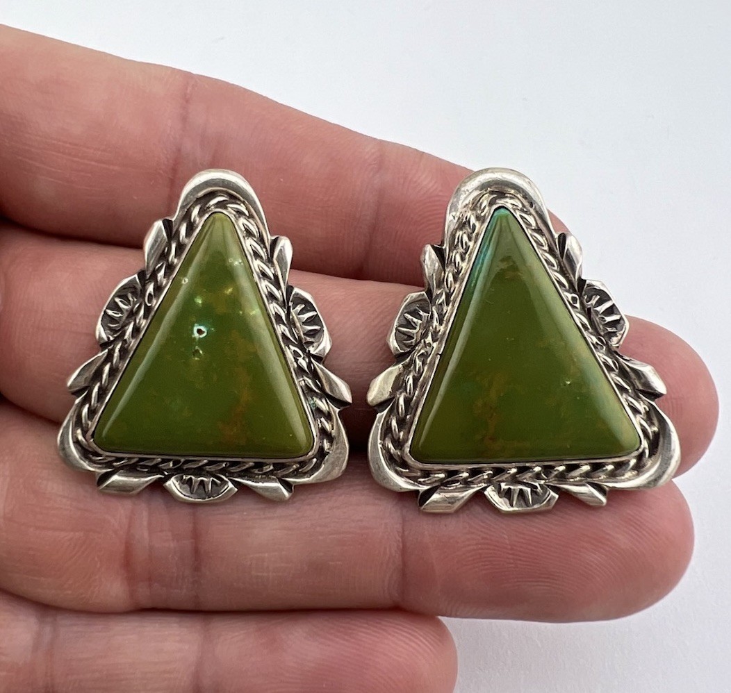 Vtg Billie Eagle Navajo Sterling Silver Royston Turquoise Triangle Post Earrings