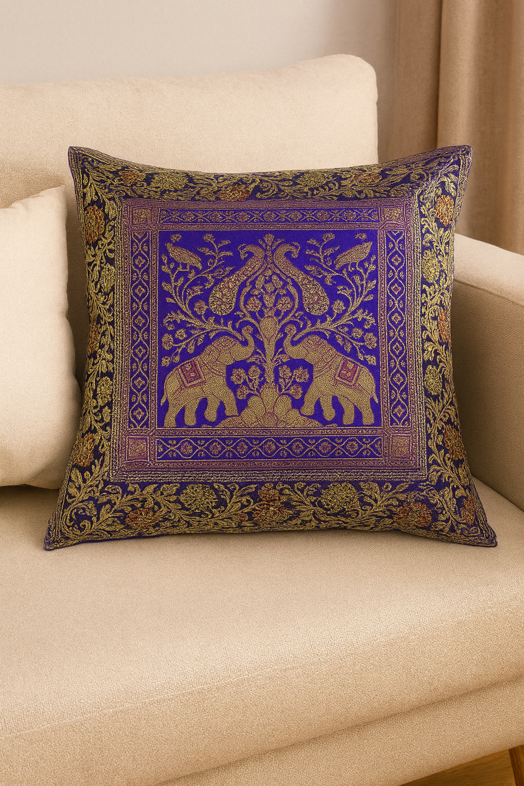 16x16inches Purple Brocade Jacquard Cushion Cover with Peacock & Elephant Design