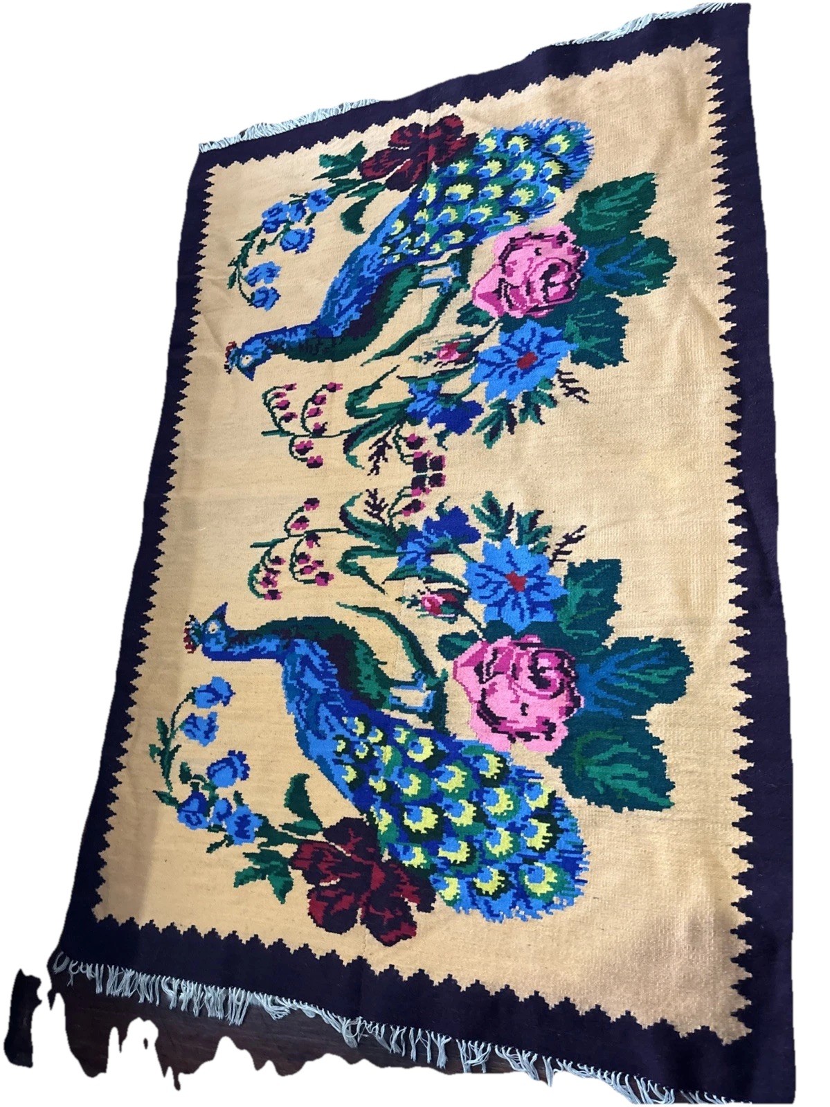 Vintage ( Antique??) Handwoven Colorful Peacock Floral Wool Rug Tapestry 52”X73”