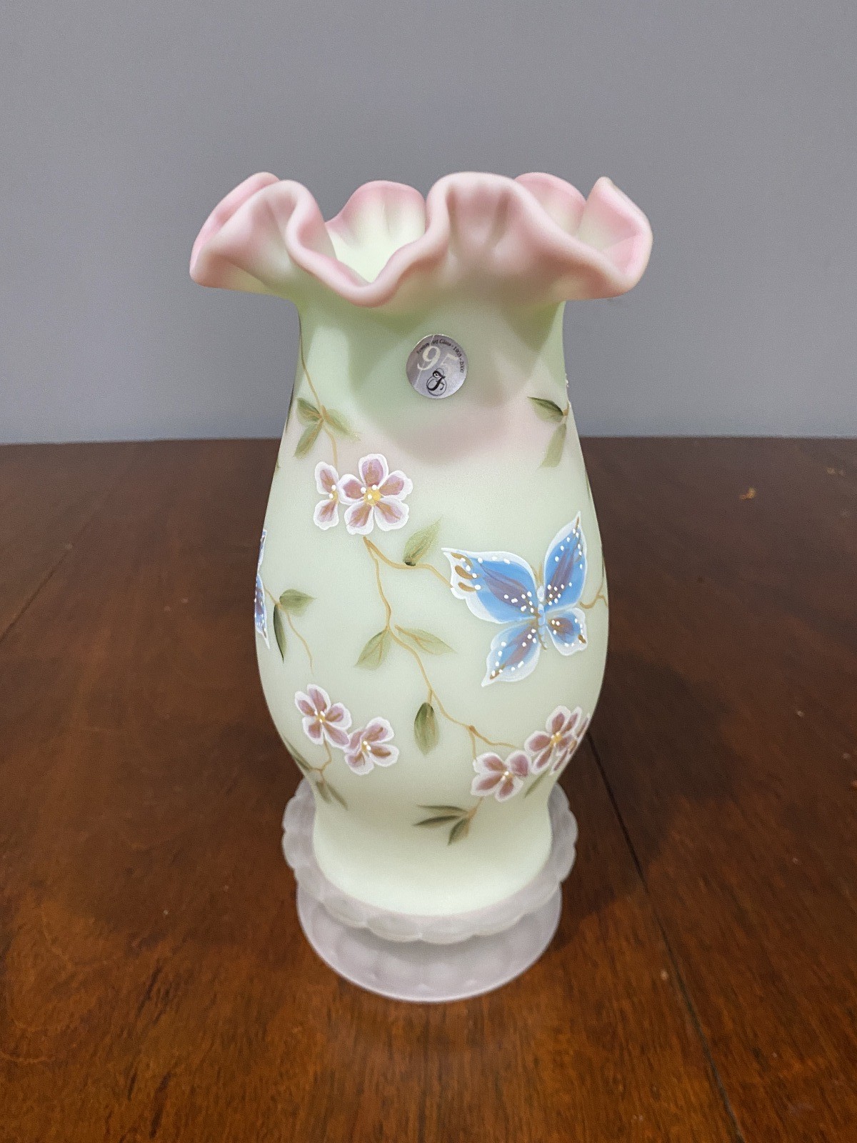 FAGCA 2000 FENTON Burmese LOTUS MIST Butterfly Hurricane Candle Lamp 10.25"H HTF