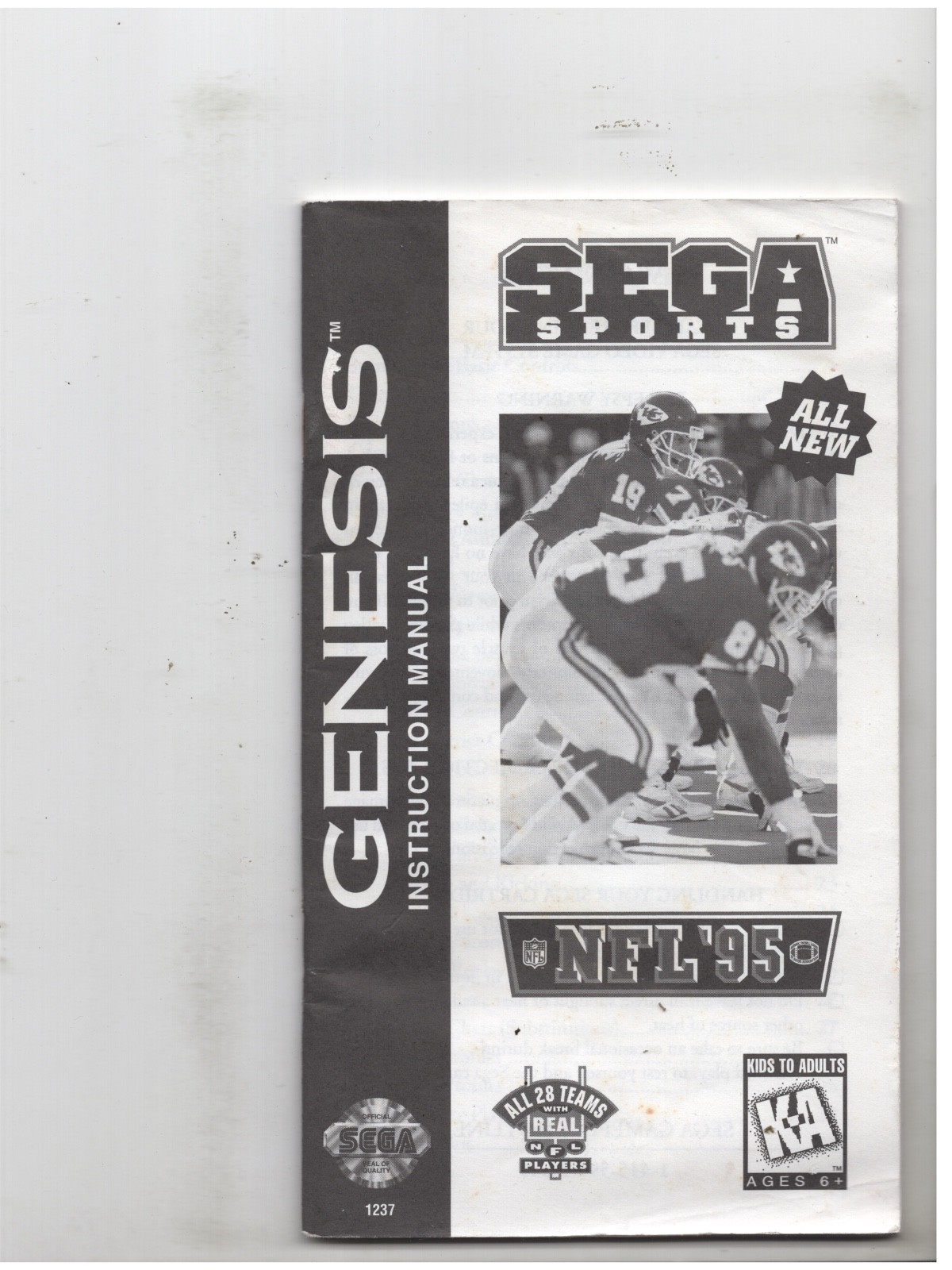 NFL 95 Sega Genesis Manual Only Authentic Original