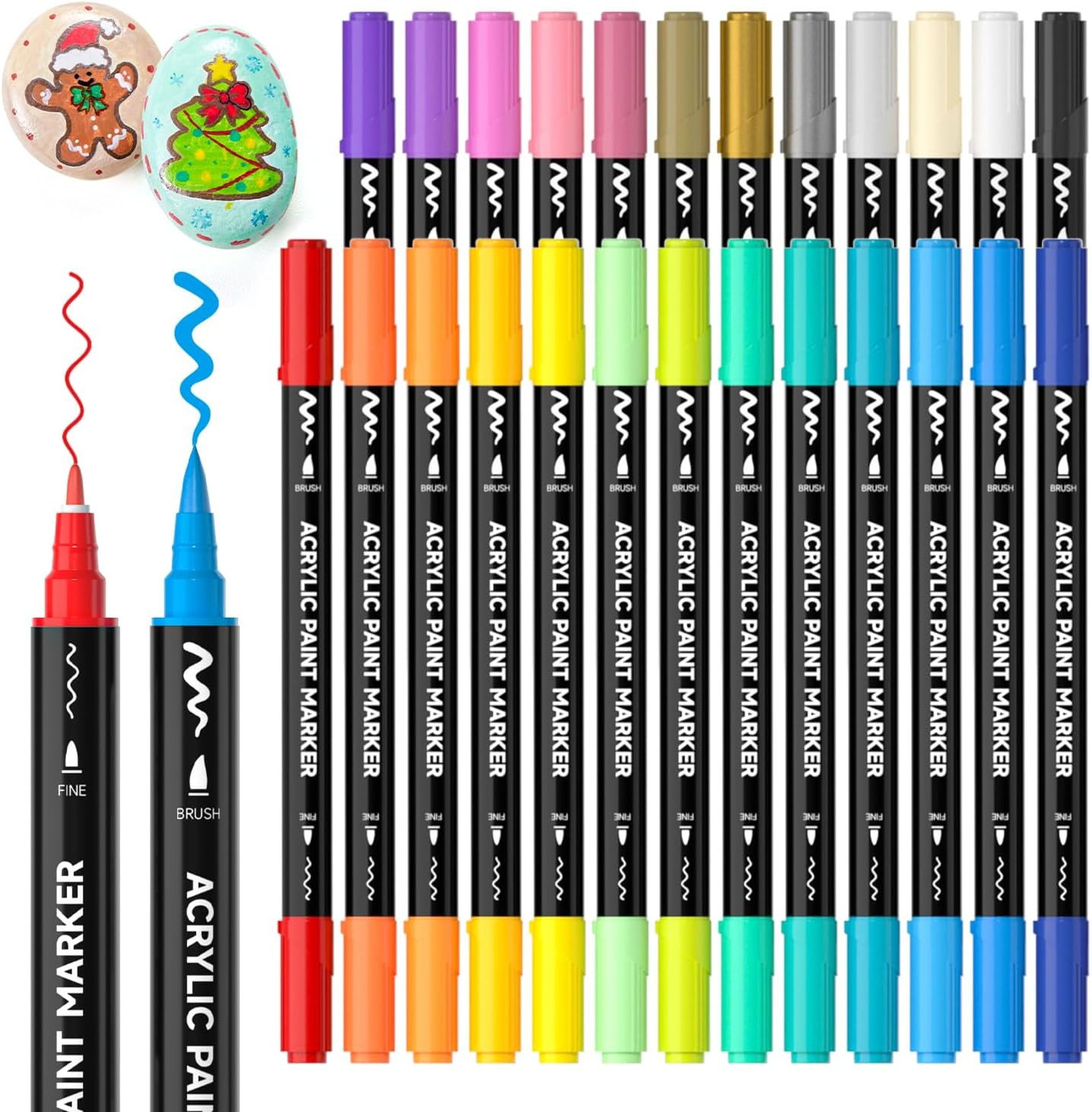 25 Colors Dual Tip Acrylic Paint Markers, Brush Tip and Fine Tip Acrylic Paint P