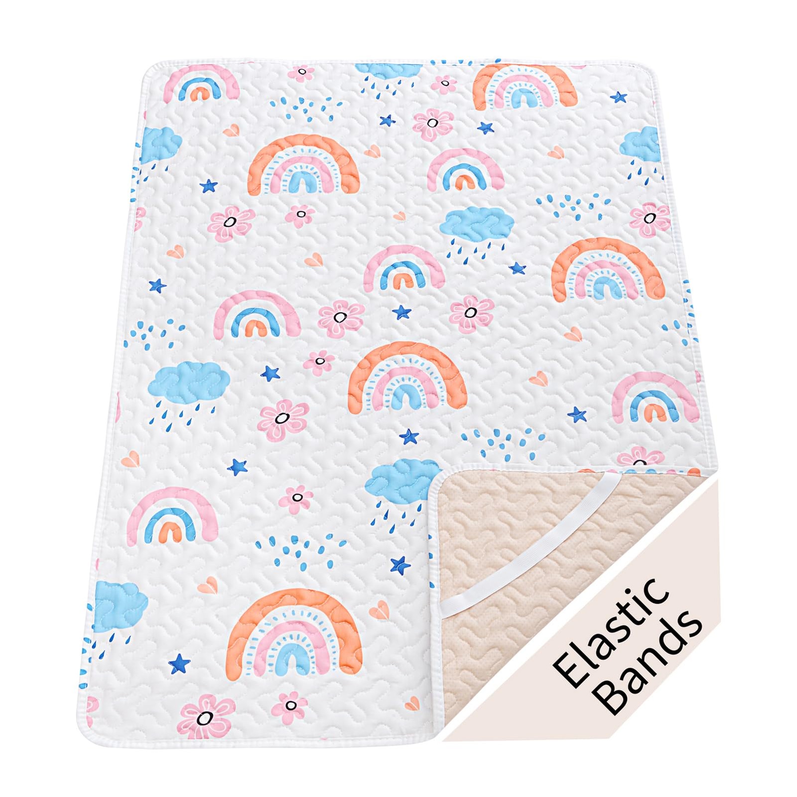 Quilted Pack n Play Sheet Fitted, Breathable Thick Pad for 38x26", Rainbow 