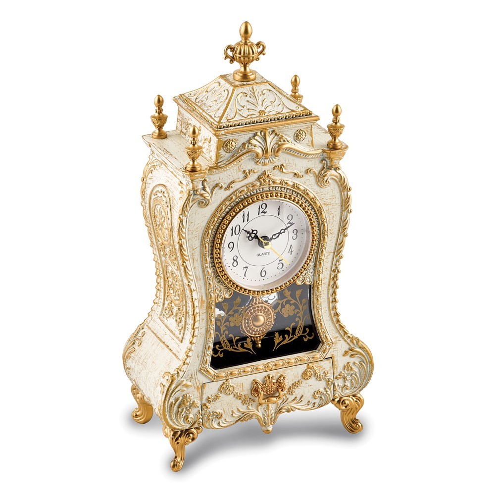 Antiqued White and Gold-tone Accent Musical Mantel Clock with Drawer (Plays M...