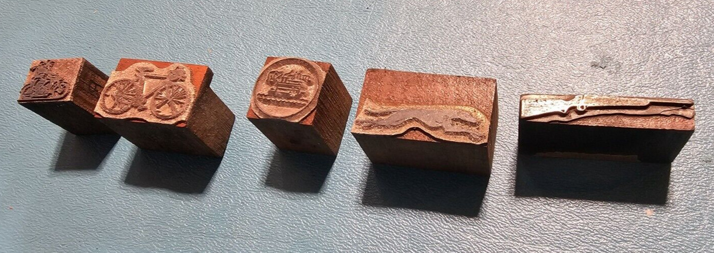 Vintage Letterpress Printing Block MOTORCYCLE BICYCLE GREYHOUND RIFLE  SHIP BOAT