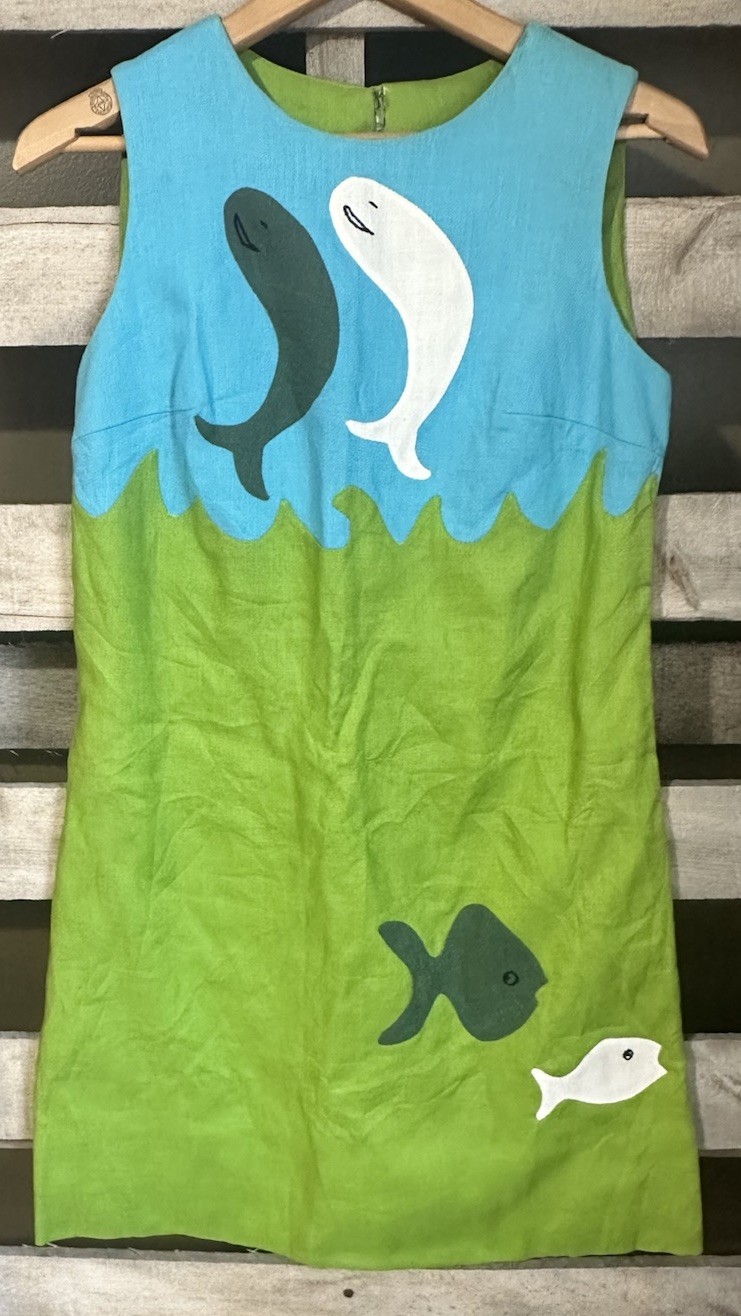 Vintage 1960s Handmade Fish Mini Dress Blue Lime Green Unique Size Small