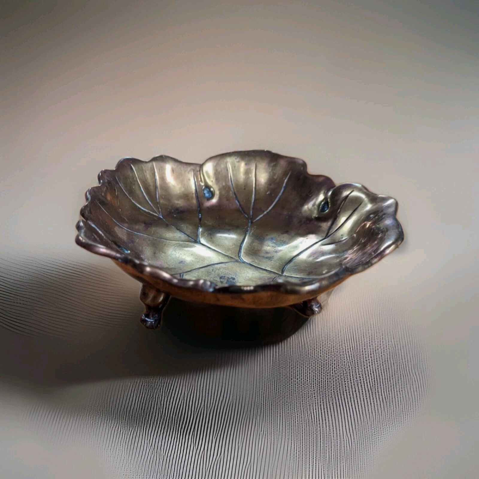 Vintage Heavy Brass Leaf Footed Trinket Dish Bowl metal Mid Century Modern MCM