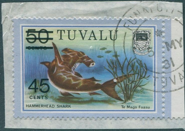Tuvalu 1981 SG157 45c on 50c Hammerhead Shark on piece FU