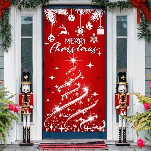 Merry Christmas Tree Front Door Cover Decorations, Xmas Ornament Balls Red