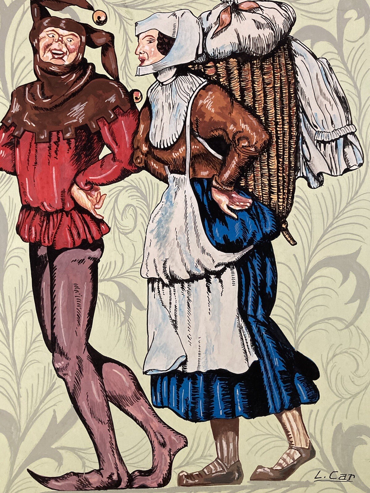 Grand Dessin Gouache Sur Papier Femme Et Fou Du Roi 1950 A Identifier Grelots