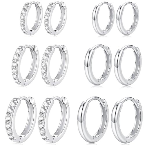  6 Pairs 925 Sterling Silver Small Hoop Earrings 6 Pairs Silver,8mm 10mm 12mm
