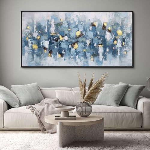  Blue and White Abstract Wall Art - 40"L x 20"W Blue and White Gold 2 + Frame