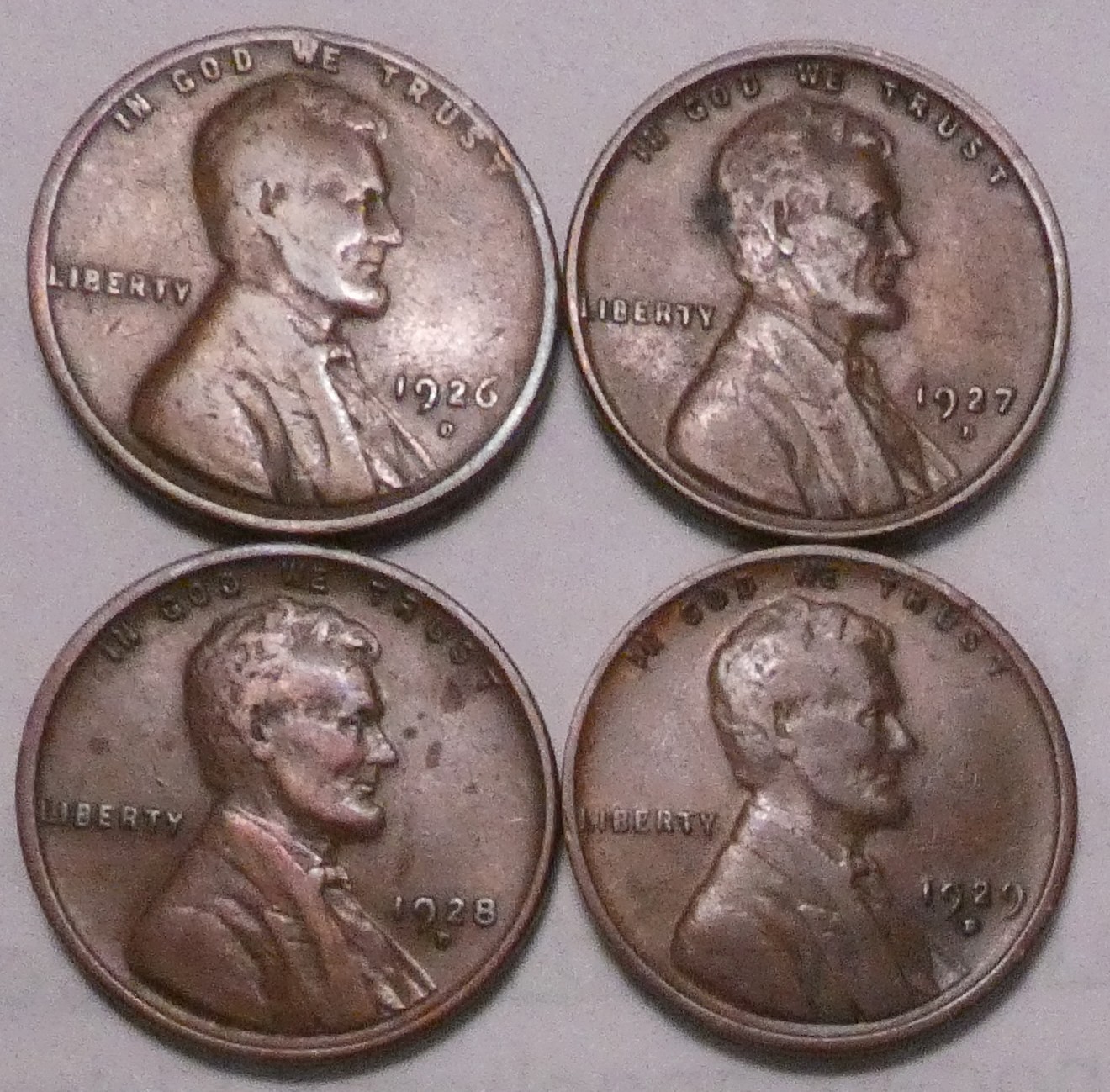 1926 D 1927 D 1928 D 1929 D Lincoln Wheat Cent Penny - 4 Coins