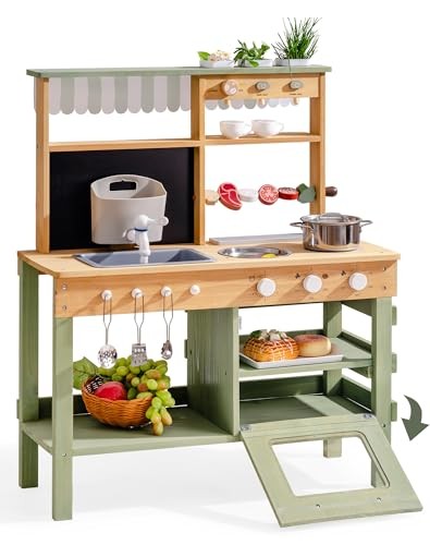  Mud Kitchen for Kids Outdoor, BBQ Grill Solid Wood Green Bbq Mud Kitchen