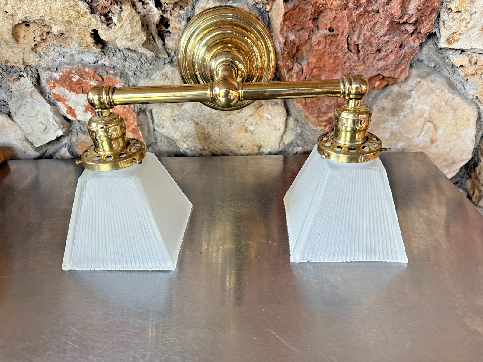 Vintage 1920s/Mission style Polished Brass Double Sconce with shades