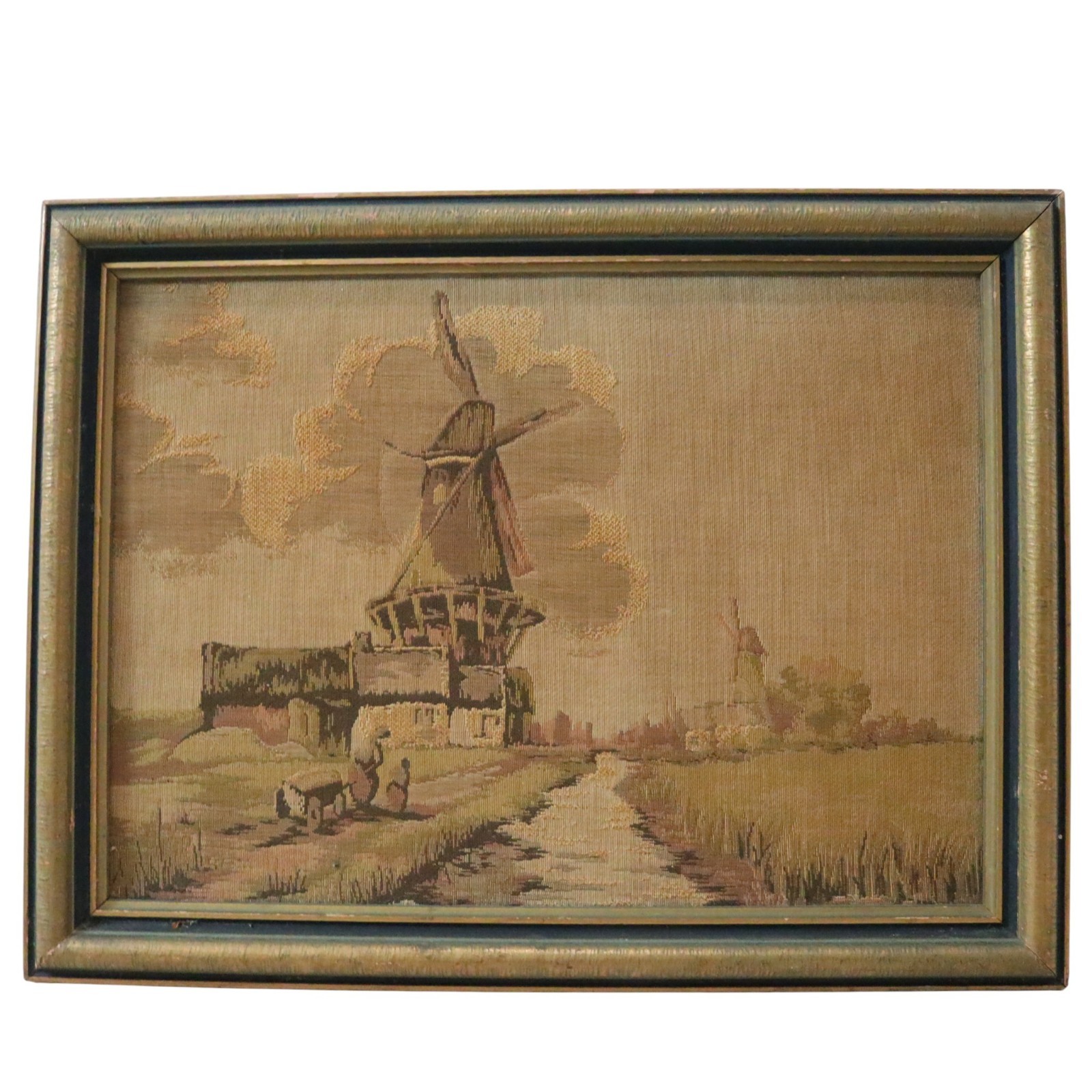 Antique 19th Century French Tapestry Framed Windmill Countryside Farmhouse