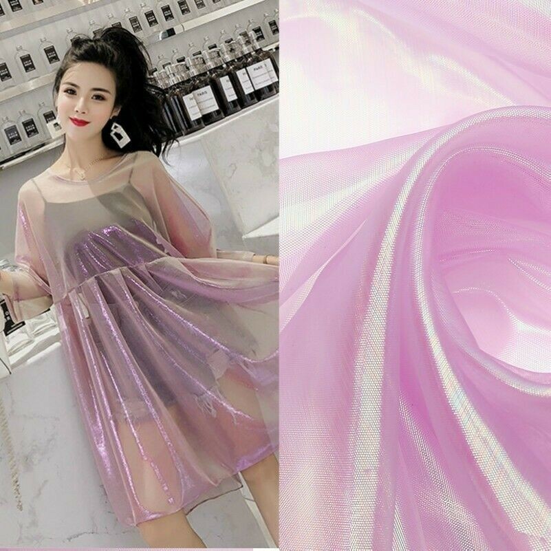 Iridescent Rainbow Crinkle Organza Fabric Glitter Mesh Dress Curtain Cloth Craft