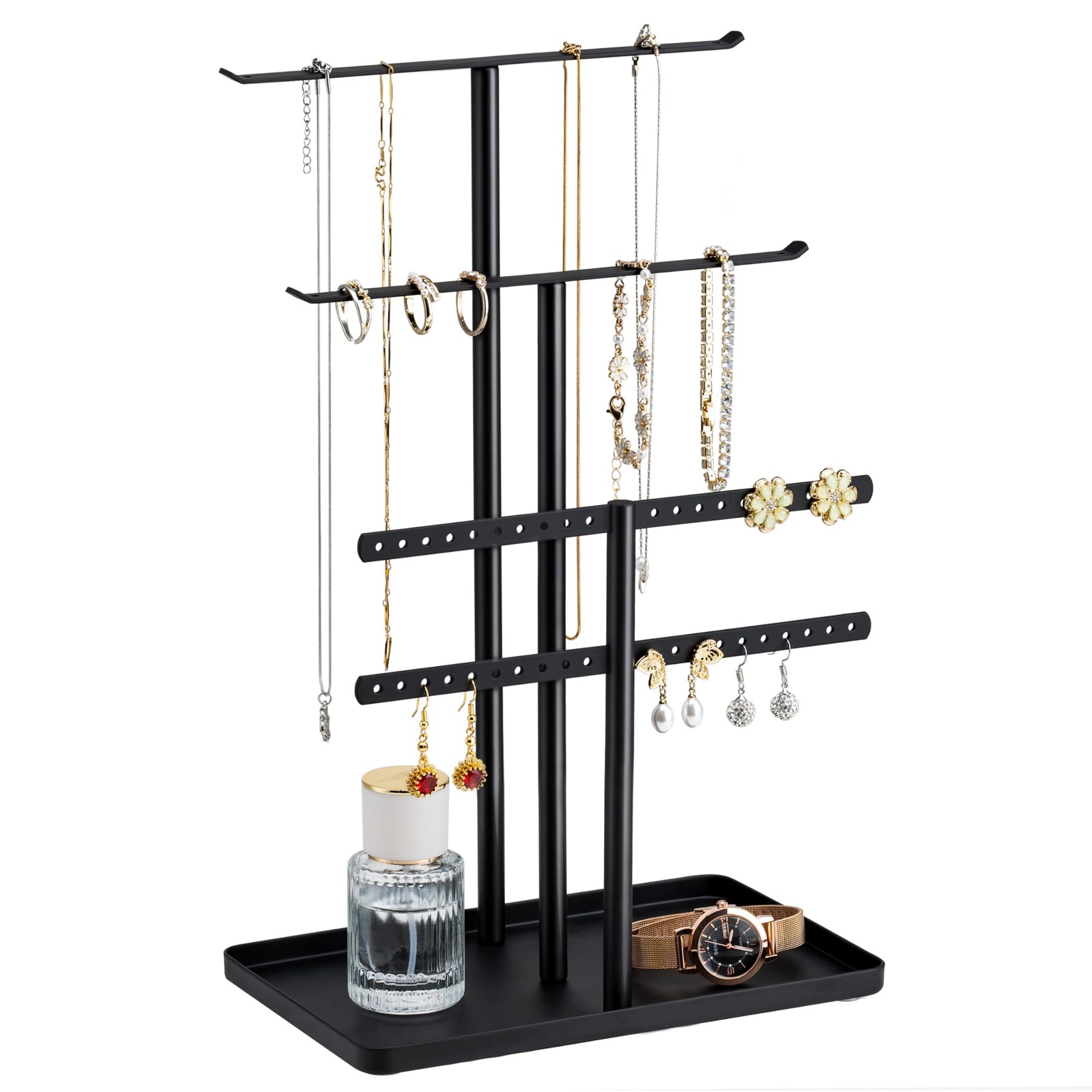 Jewelry Stand Organizer, 12.5" Tall Sturdy Metal, 3-Tier Jewelry Holder for N...