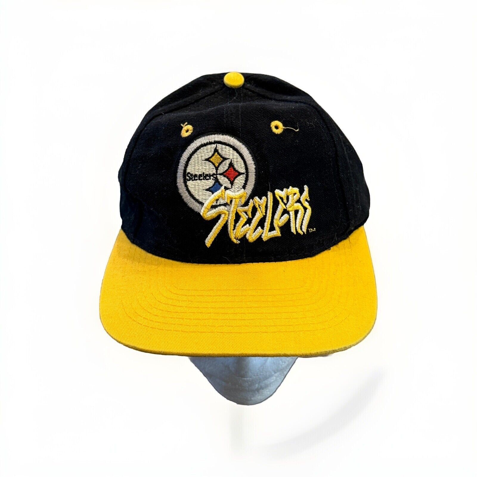 Vtg 90s NFL Drew Pearson Mens Black Yellow Pittsburg Steelers Snapback Hat Cap