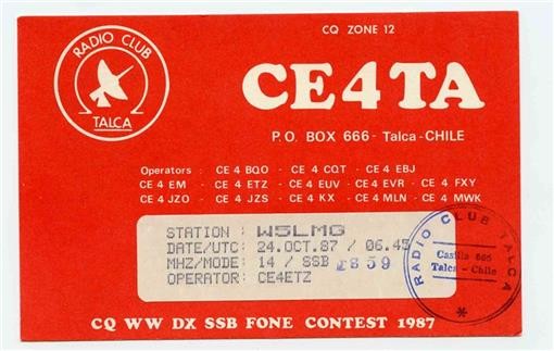 CE4TA Talca Chile QSL Card 1987