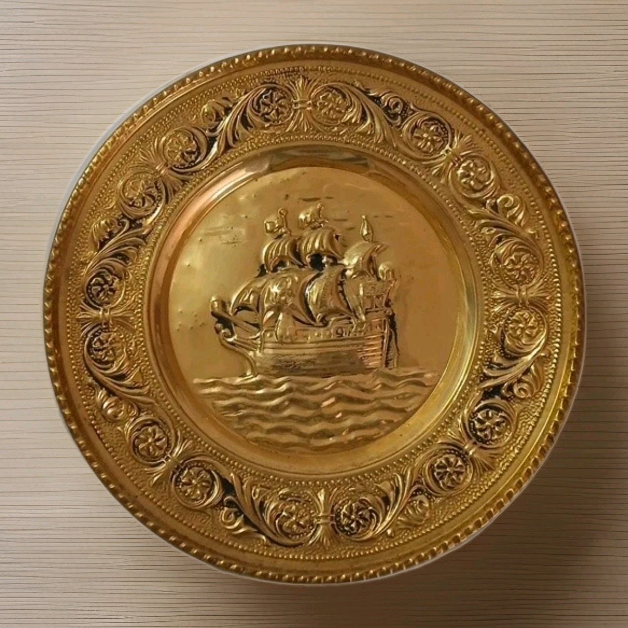 Vintage Brass Embossed Wall Plate 12" Sailing Ship Nautical Pressage Style