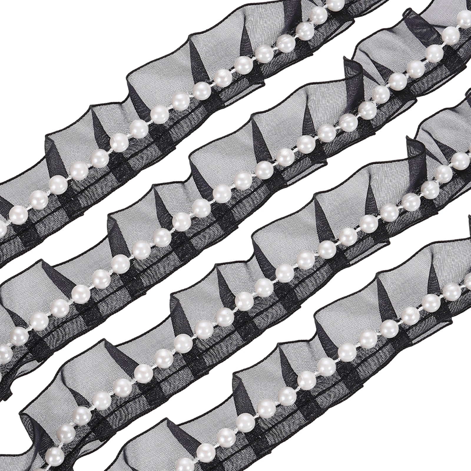 Pleated Lace Ruffle Trim Ribbon, 10 Yards 1" Wide, Black Veil with White Beads