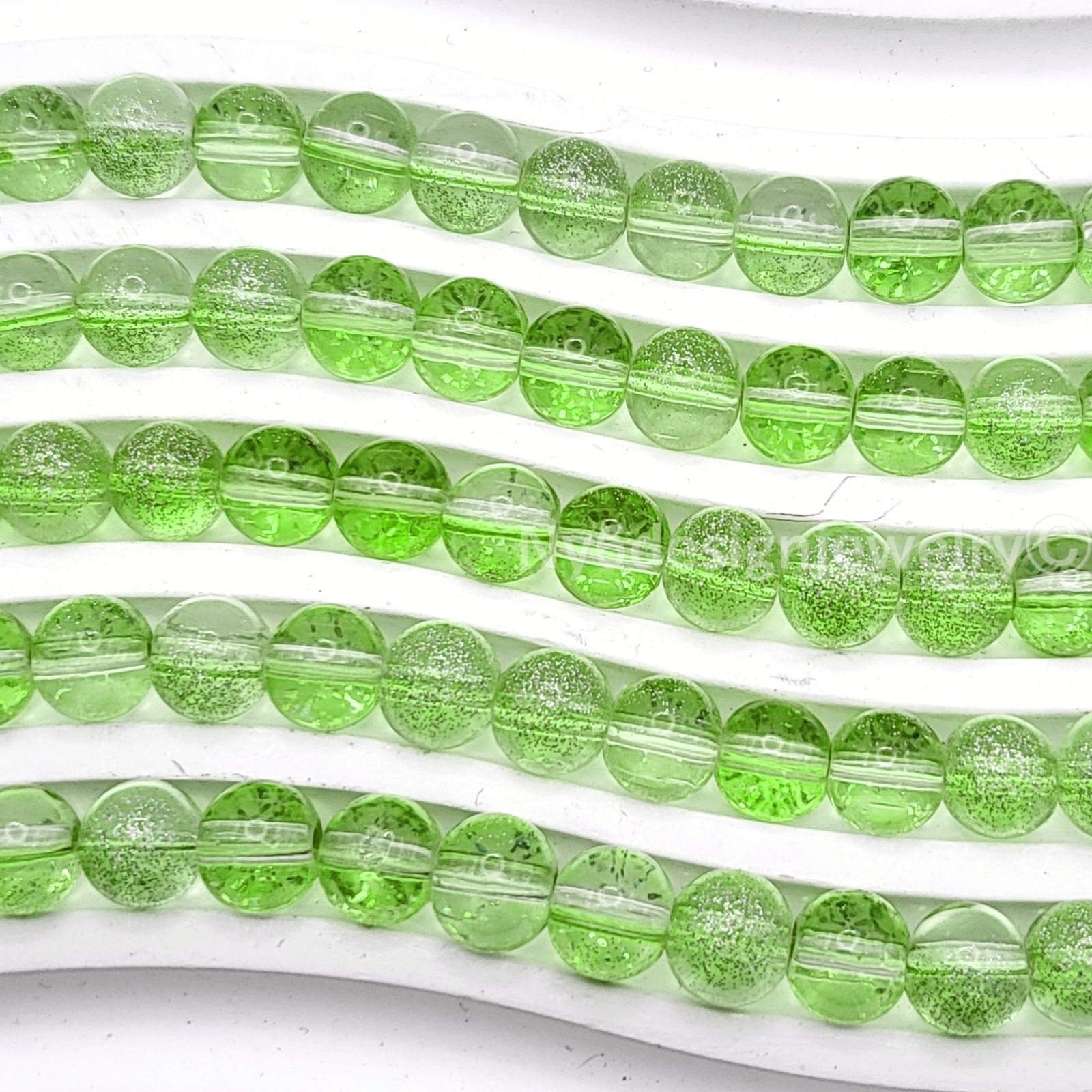 Green 8mm Round Glass Lampwork & Crystal Beads • 15 Inch Strand