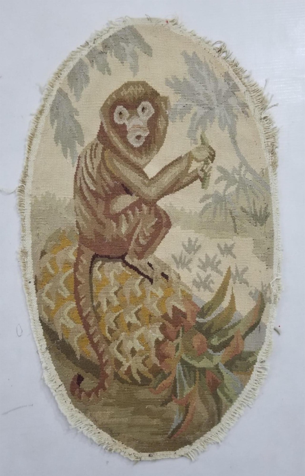 Antique French Aubusson Monkey on Pineapple Tapestry 52X30cm