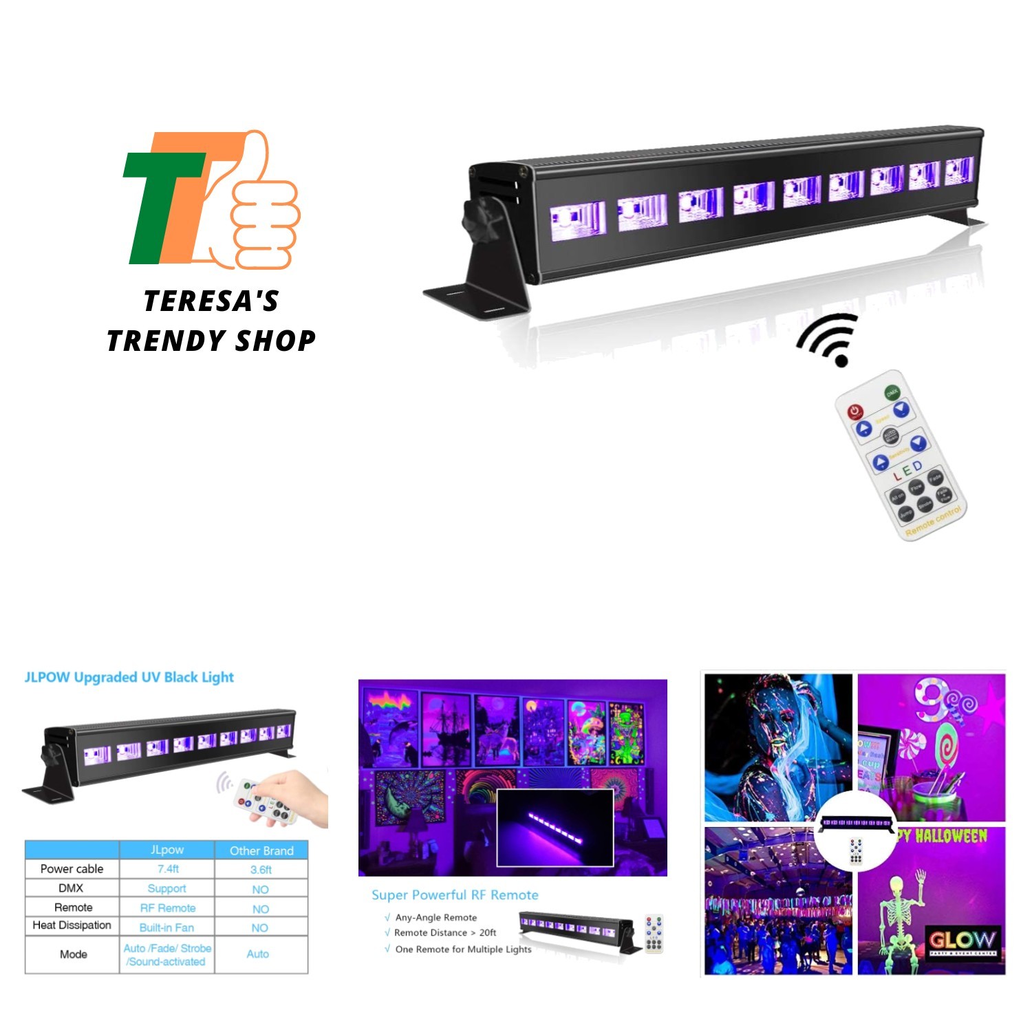 60 ft-Remote UV Black Light for Parties, Super Bright 27W Dimmable Sound Acti...