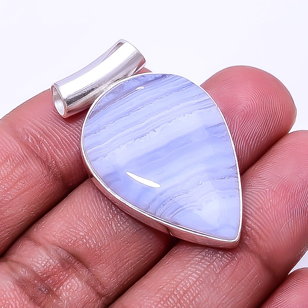 Natural Blue Lace Agate -Namibia Gemstone 925 Sterling Silver Pendant 1.56" P38
