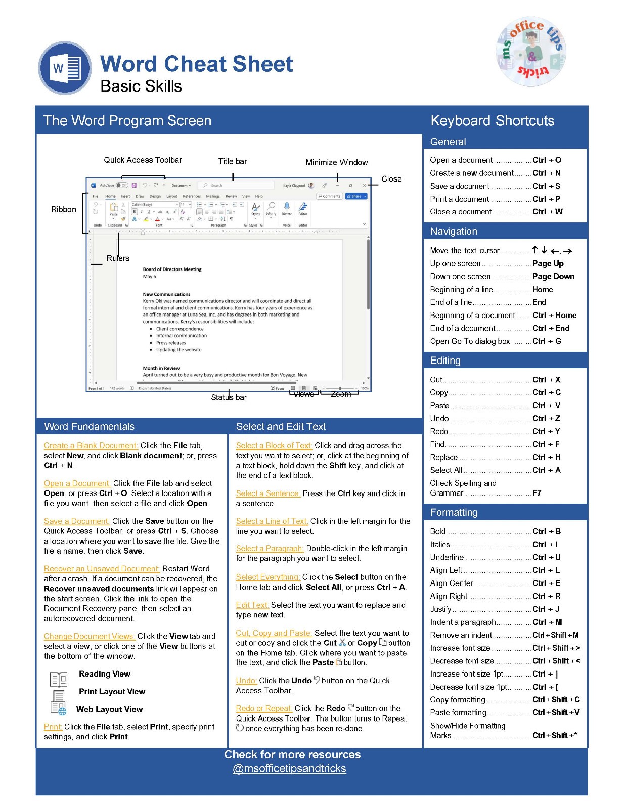 Microsoft Word Skills Cheat Sheet | Basic to Advanced Guide