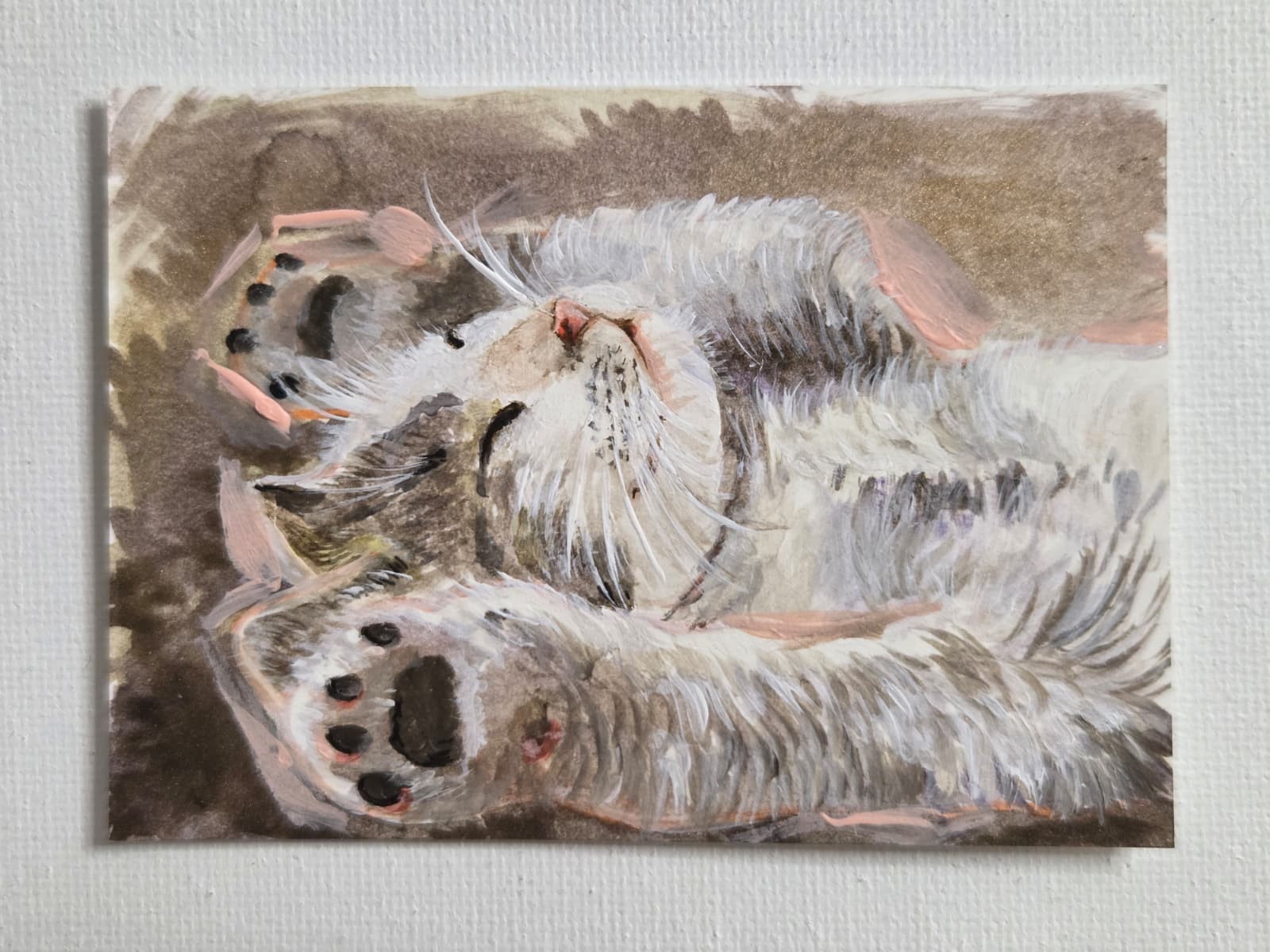 ACEO ATC Original Cute Gray Cat Kitten Sleeping Mini Painting by Athirah Art