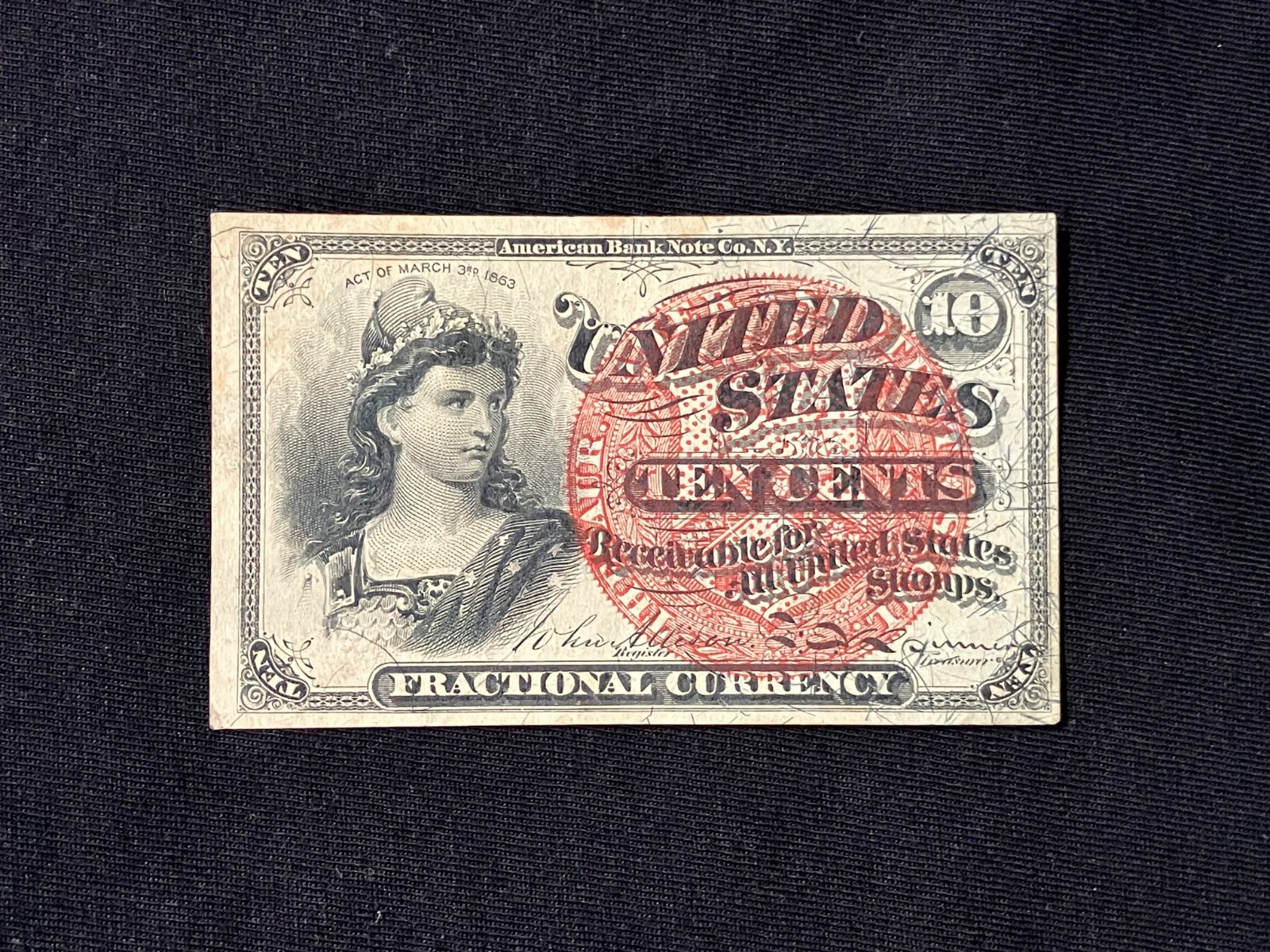 * 1863 * 10 Cent Fourth Issue Fractional Currency Note Fr#1258 * CIVIL WAR ERA *