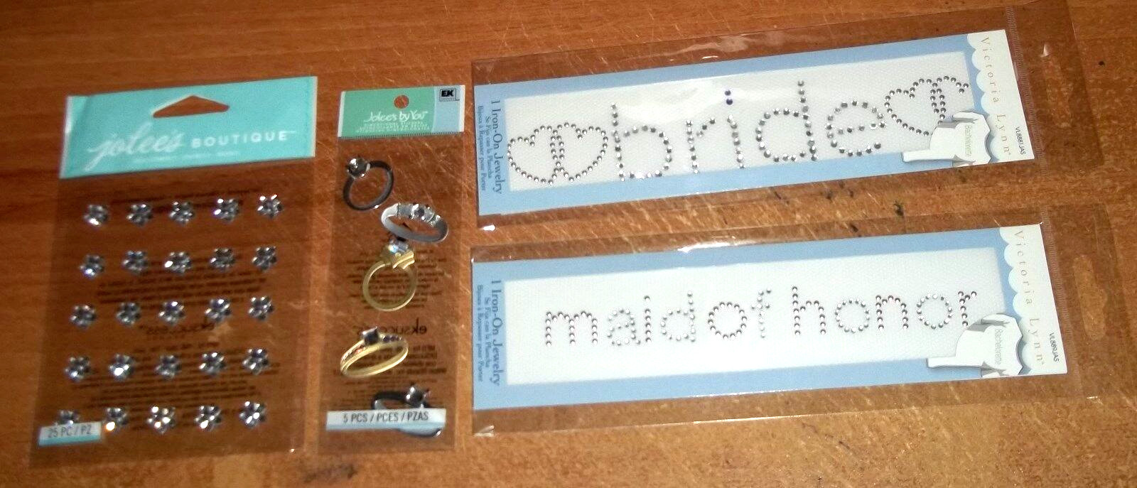 4 PKGS WEDDING EMBELLISHMENTS BRIDE, MAID OF HONOR, RINGS, JEWEL FLOWERS