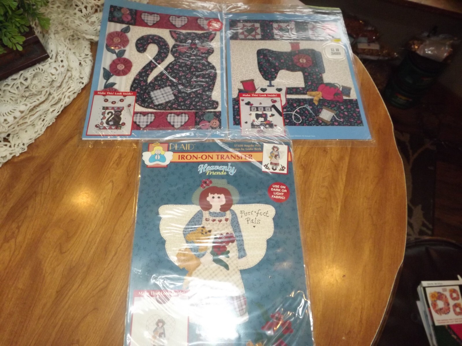 Country Plaid Iron on Transfer, Cat, Sewing machine, Doll, Lot