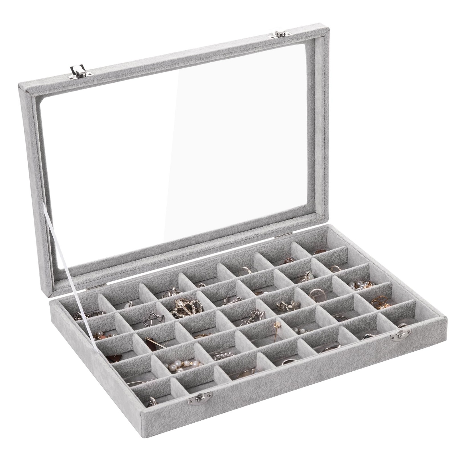 Velvet Jewelry Tray,35 Grid Jewelry Organizer with Clear Lid,Earring Holder O...