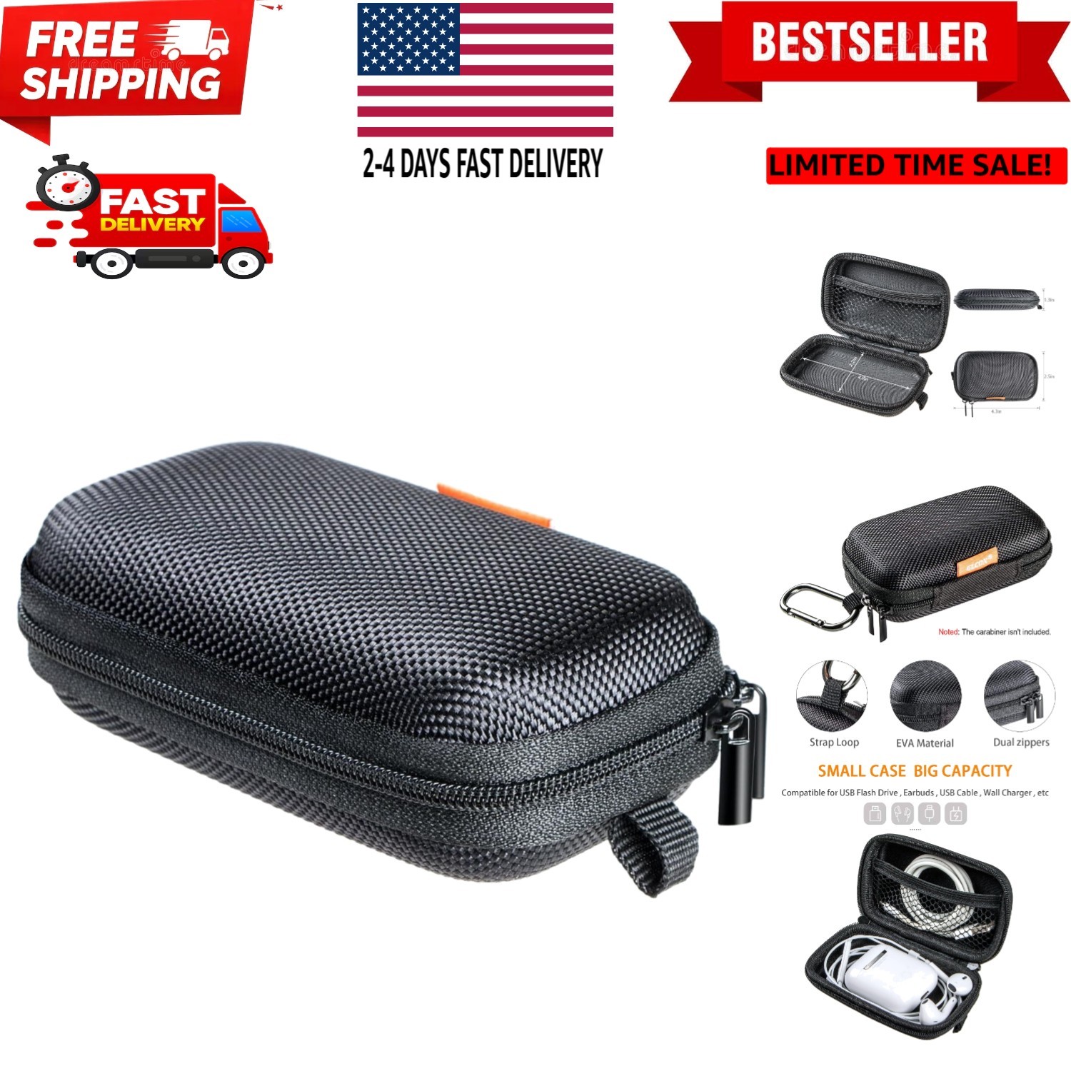 Rectangle Small Hard EVA Case - Portable Protection Earbud Case Zipper Pouch ...