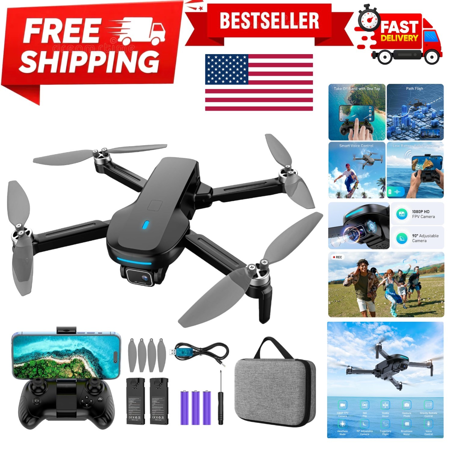Drone with Camera, 1080P HD FPV Drone with Brushless Motor, One Key Take Off/...