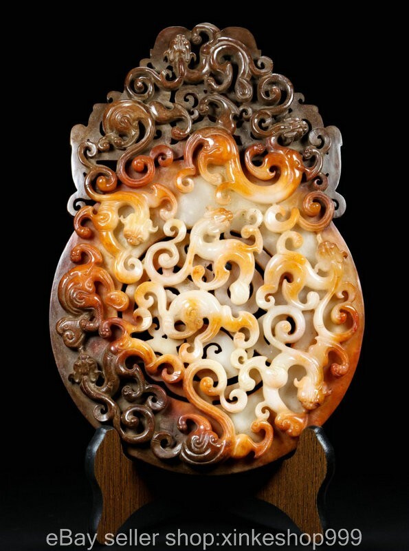 11.6" Old Chinese dynasty Hetian Jade Carving Dragon Drake Yubi sculpture Statue