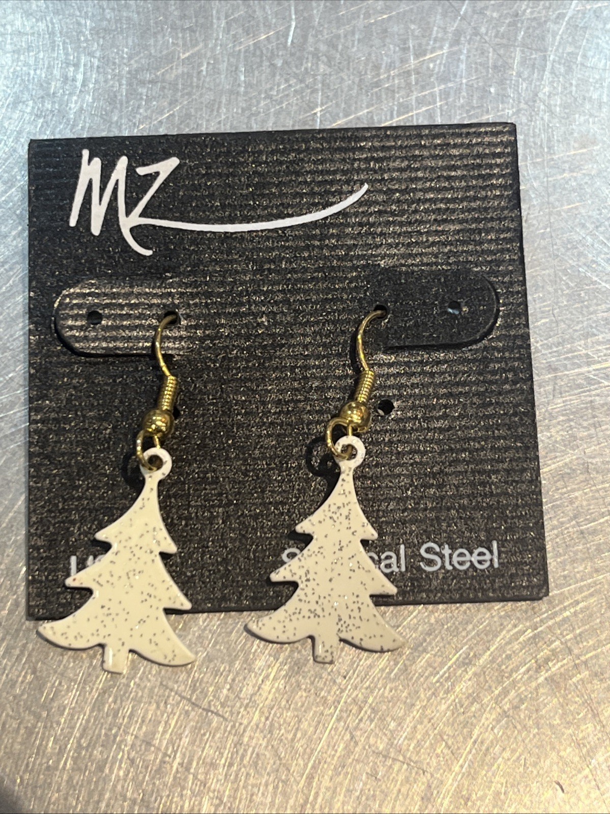 Vintage Christmas Tree Dangle Earrings Surgical Steel White