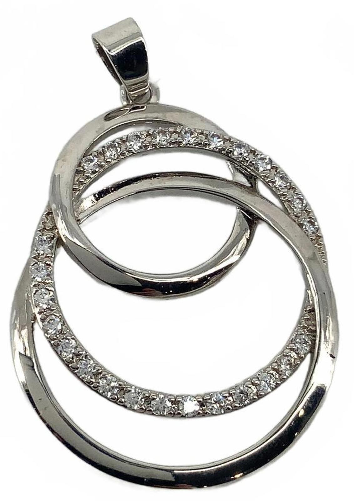 Vintage Silver Tone Triple Interlocking Circle Pendant Clear Crystal Boho