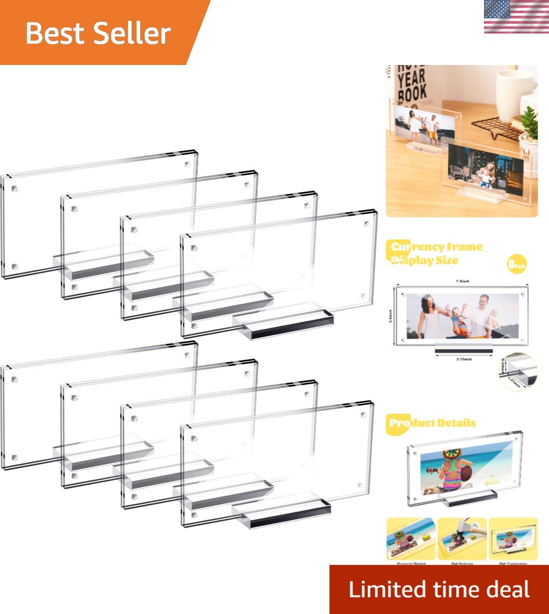8 Pcs Acrylic Dollar Bill Holder - Elegant Currency Display Frames 7.3 x 3.5 ...