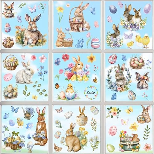 9 Sheets Easter Window Clings, 87 PCS Watercolor Easter Party Decorations with 