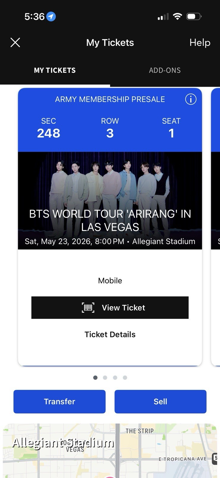 BTS Arirang Allegiant Stadium Las Vegas May 23 8PM Sec 248 Row 3 Seats 1&2