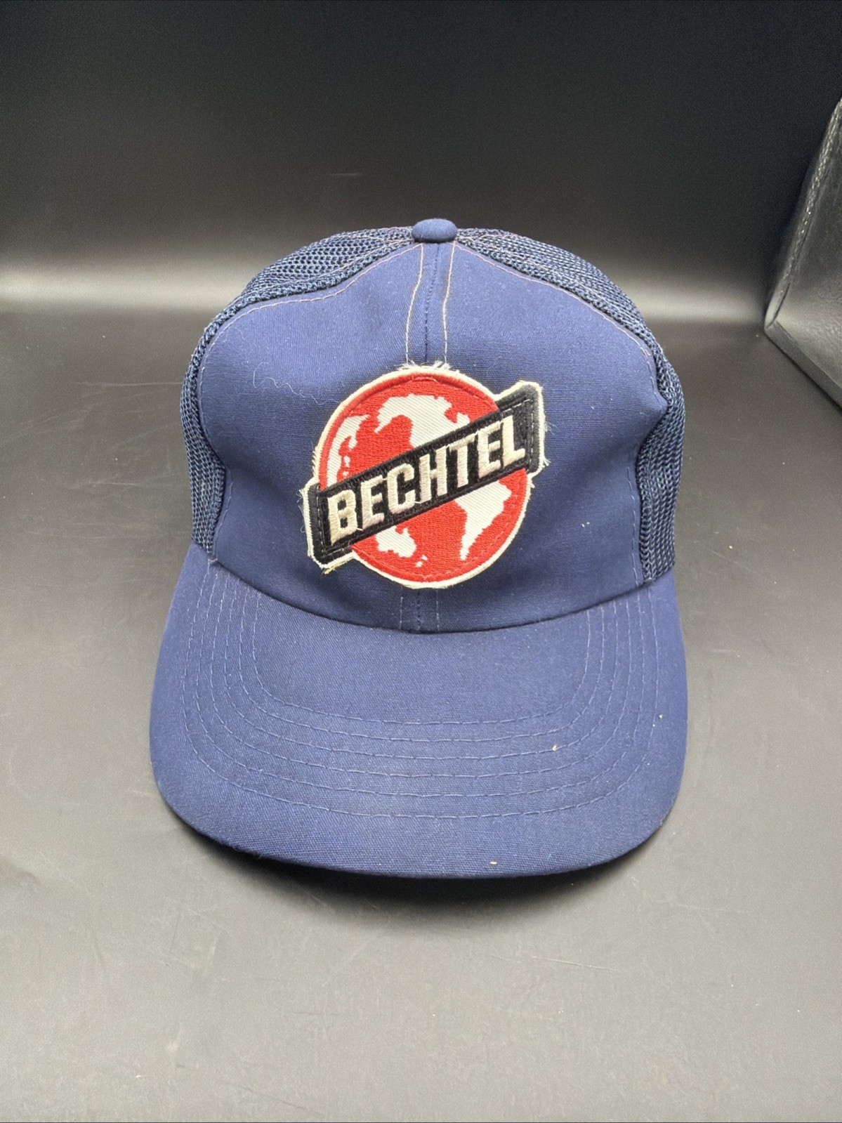 Vtg 80s Bechtel Patch Cap Spell Out Logo Mesh Snap Back Trucker Baseball Hat