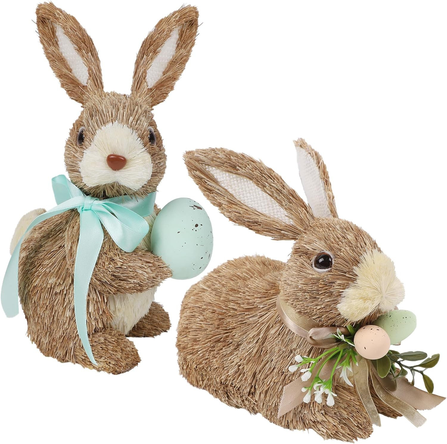 Set of 2 Easter Decorations Bunny Figurines with Eggs, Spring Straw Rabbit Table