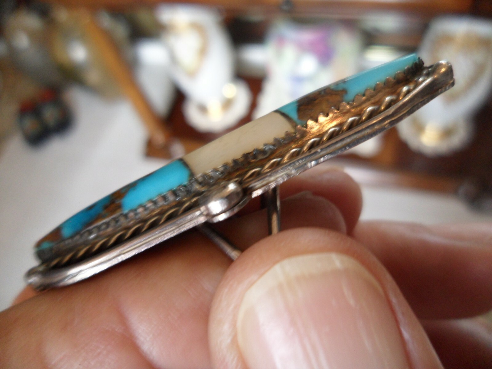 Navajo Old Pawn 2"Long Blue Turquoise Ring Sterling Silver Sz 5.25