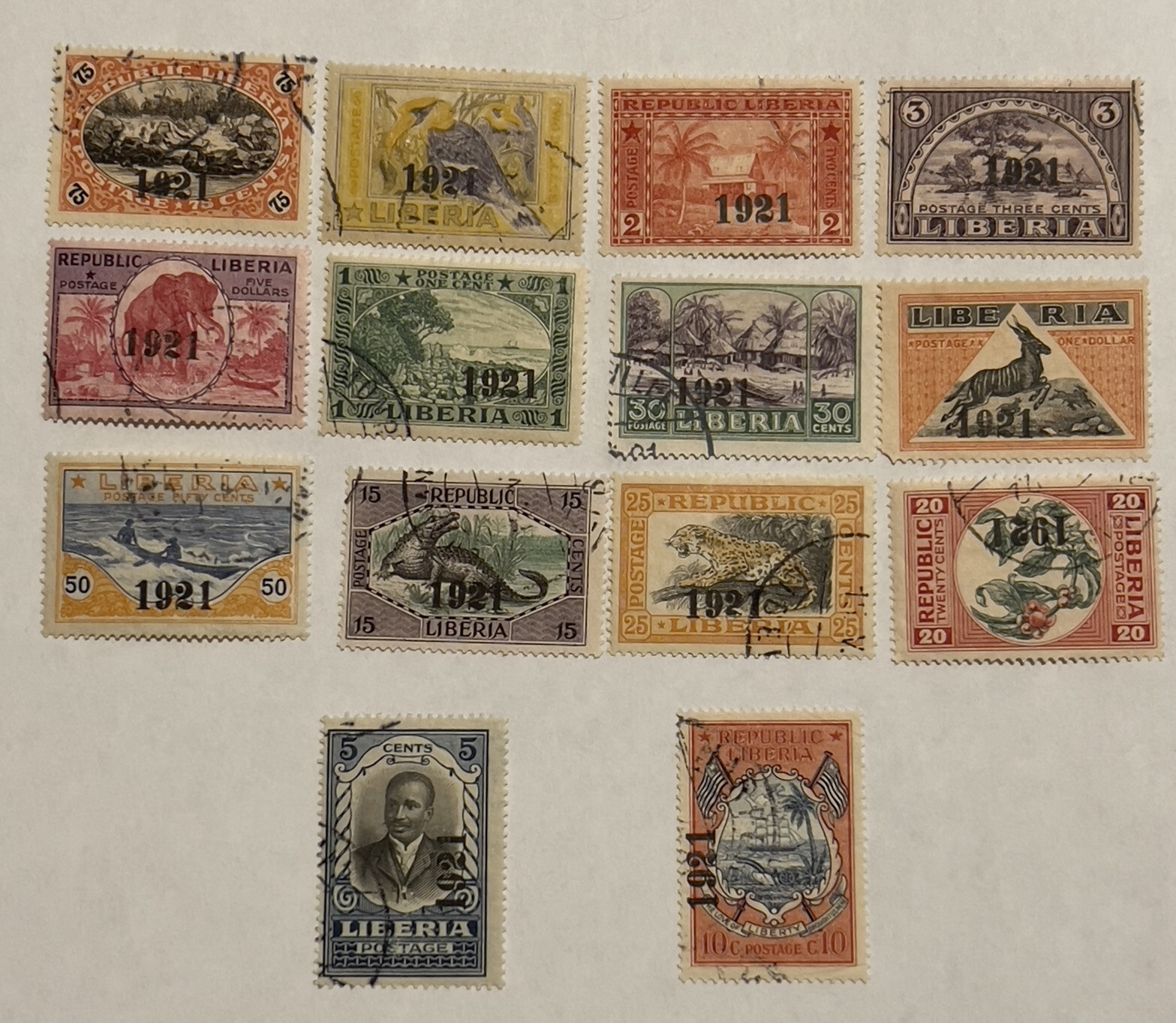 HUGE LOT OF LIBERIA 1921 OVERPRINT STAMPS USED, ONE INVERTED